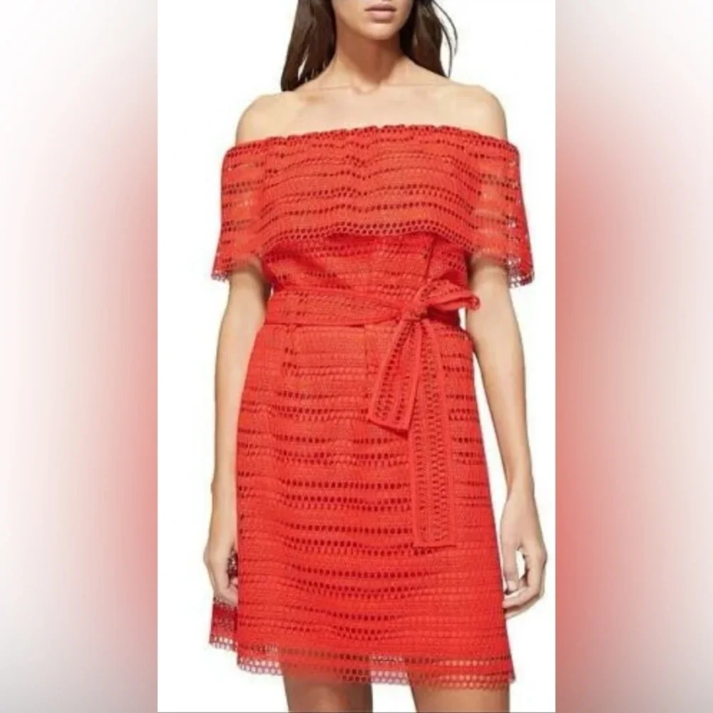 WITCHERY Red Lace Off The Shoulder Dress Tie Belt Size 10 - Picture 3 of 5